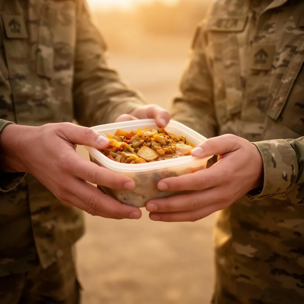 A warm meal being handed to a soldier
