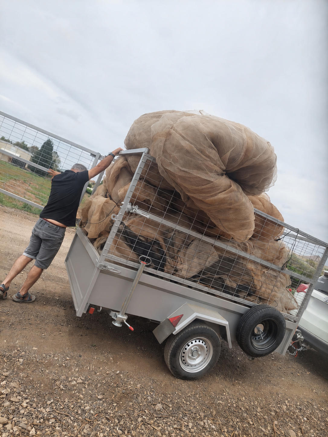 A civilian truck loaded with protective netting for delivery to the northern front